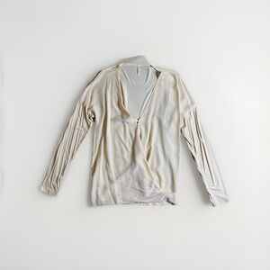 Liis Japan Silk V Neck Wrap Blouse Ivory Cream Cross Button, Size L, Designer